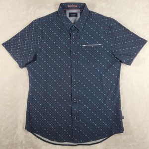 7 Diamonds 4 Way Stretch Short Sleeve Button Up Men's Medium Blue Geometric AOP